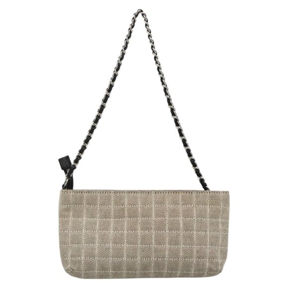 CHANEL Choco Bar Chain Camelia Shoulder Bag Canvas Gray Silver CC Auth 132885 - Picture 3 of 16